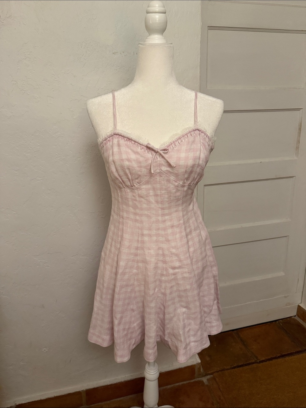 LoveShackFancy Pale Pink Gingham Spaghetti-Strap Mini Dress
